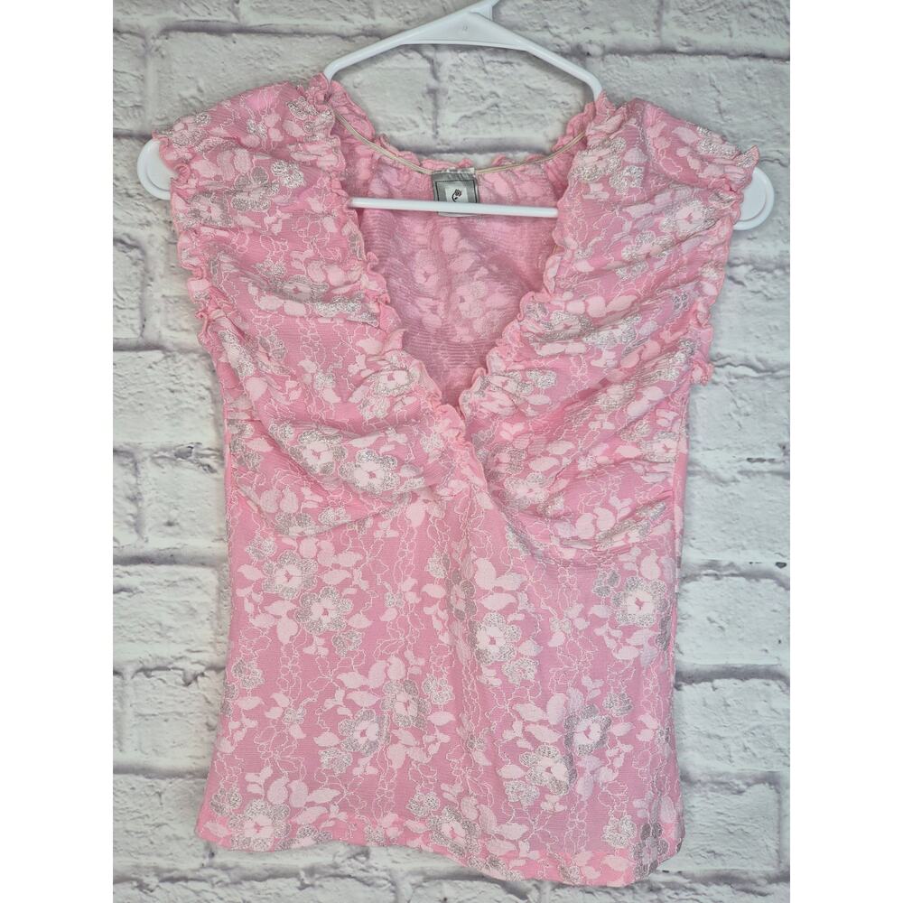Vintage Y2K Finesse Pink Floral Lace Metallic Ruffle Ruched Top Coquette fairy